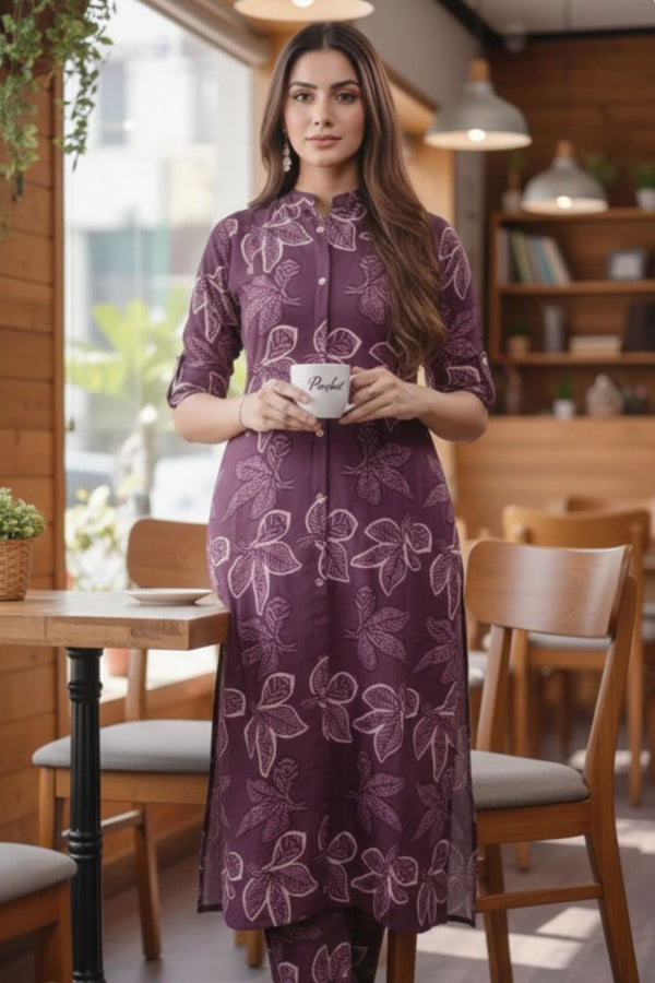 Plum Floral Printed Viscose Rayon Kurta Pant Set for Women