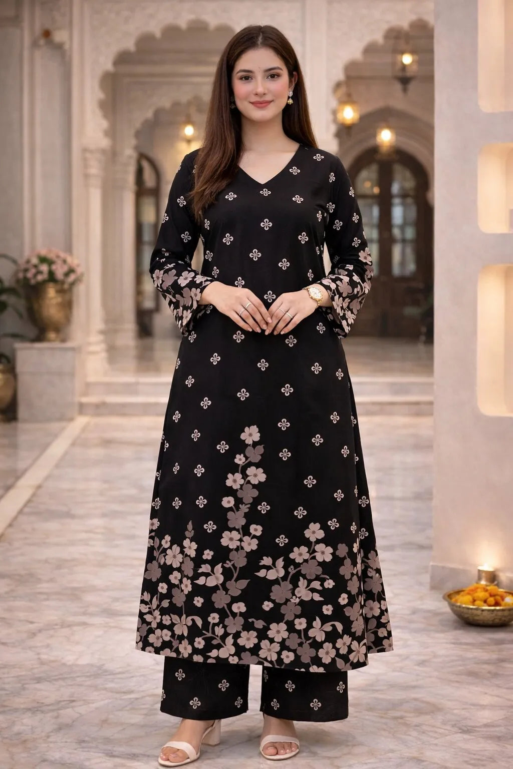 Elegant Black Floral Printed Viscose Rayon Kurta Set for Women