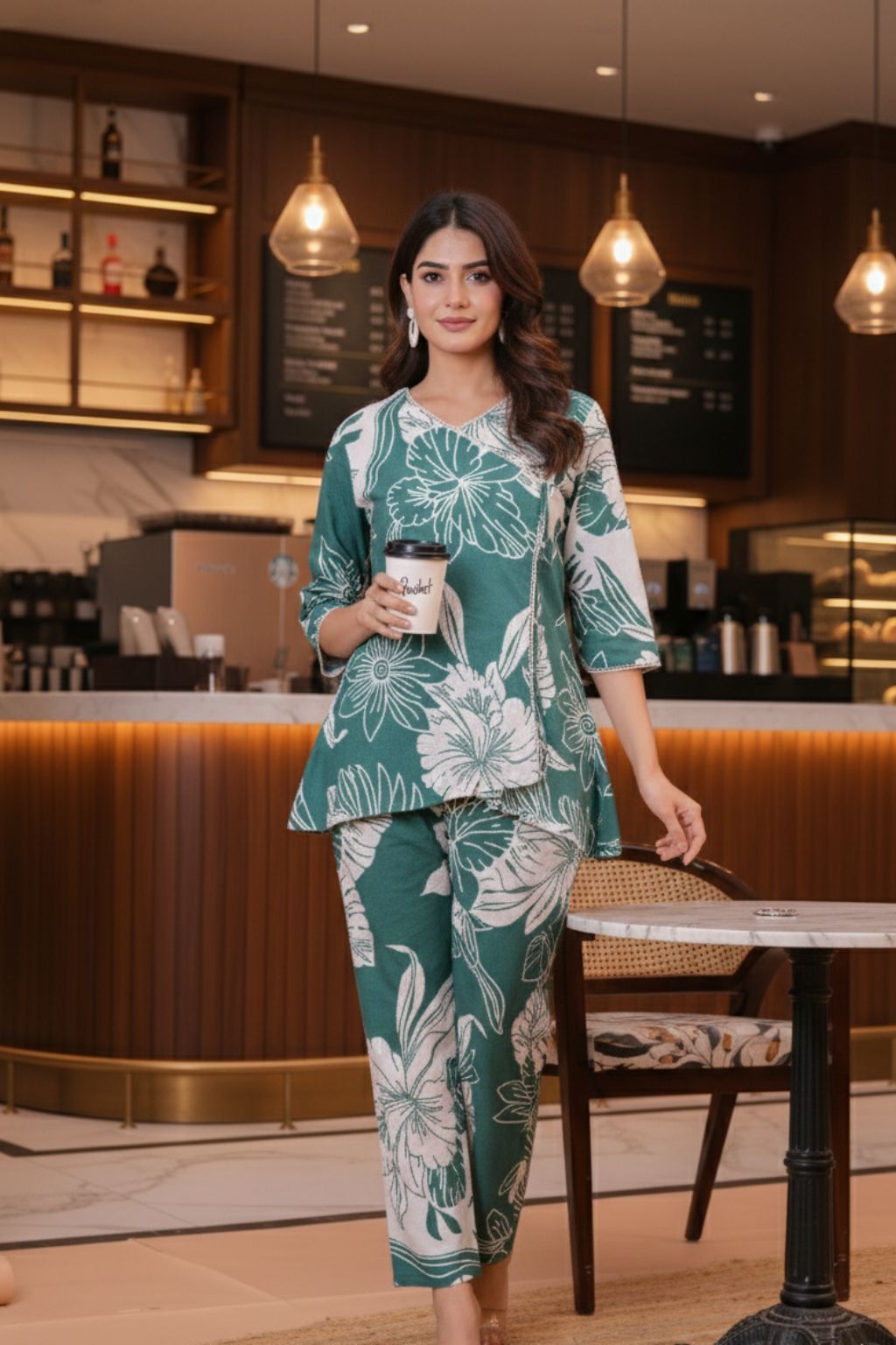 Green Floral Printed Cotton Co-ord Set for Women