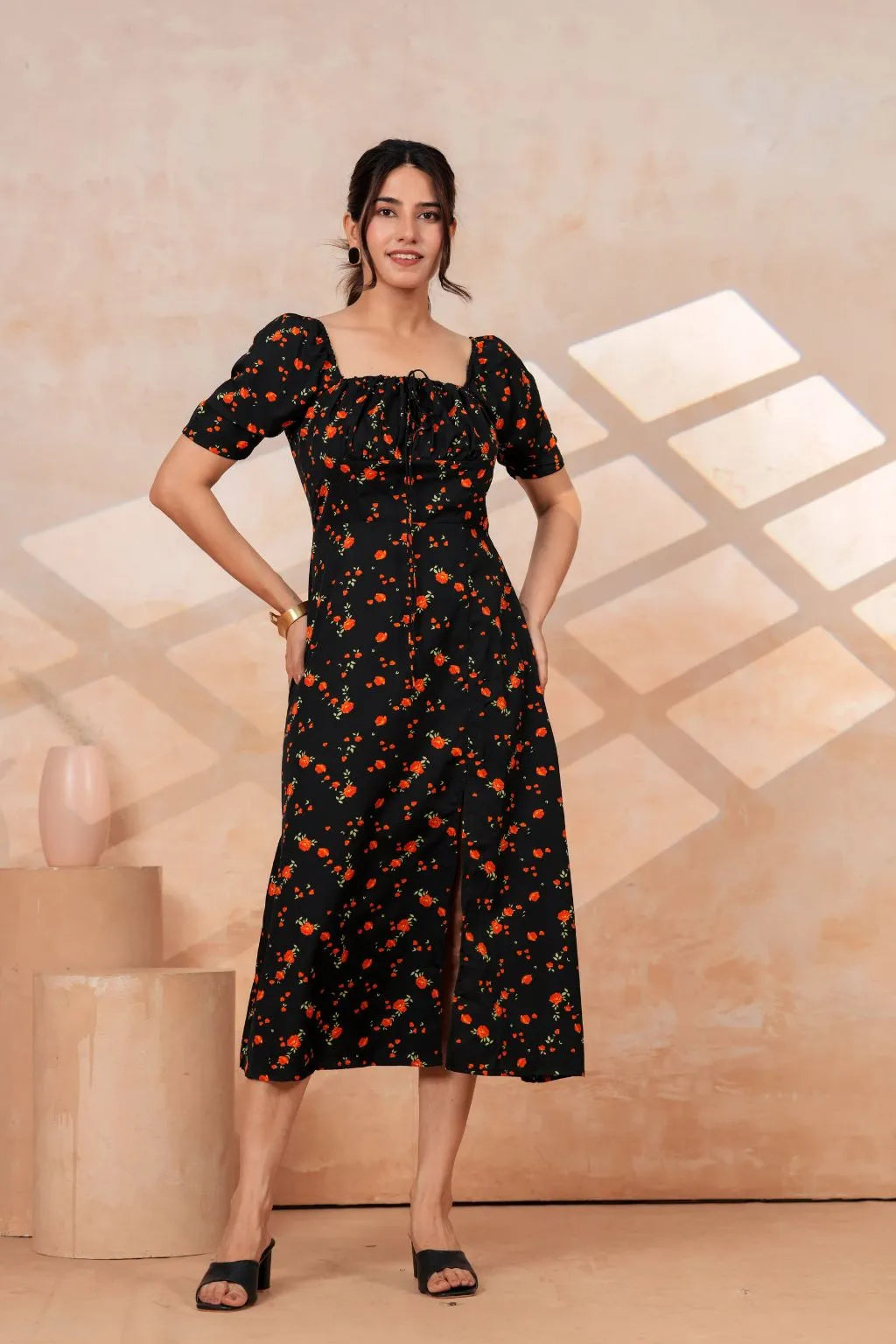 Black Floral Printed Rayon Midi Dress with Side Slit