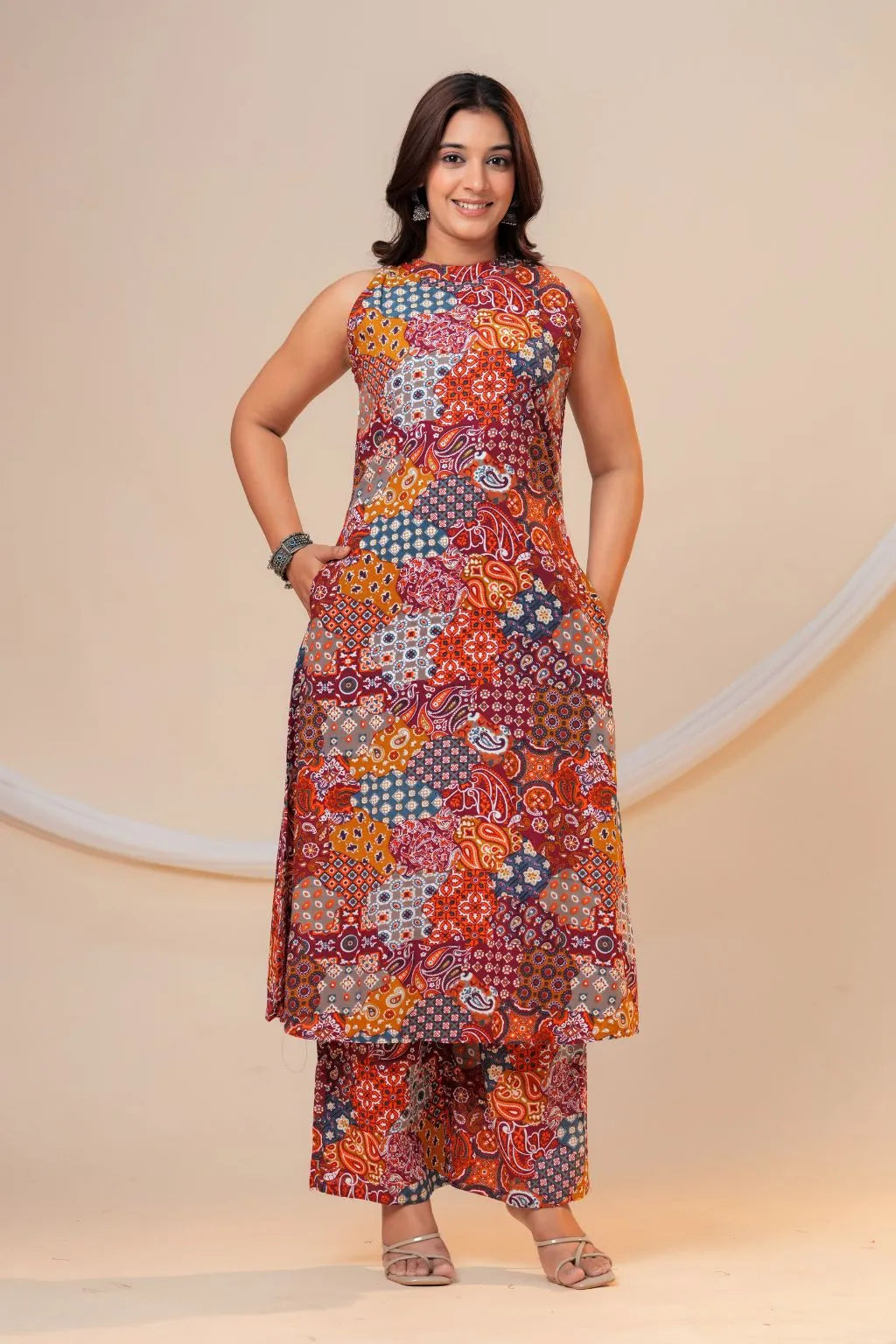 Rust Multi-Print Viscose Rayon A-Line Kurta Set for Women