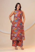 Rust Multi-Print Viscose Rayon A-Line Kurta Set for Women