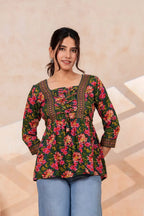 Women's Floral Printed Rayon Peplum Top | 3/4 Sleeves | Lace-Up Front Detail