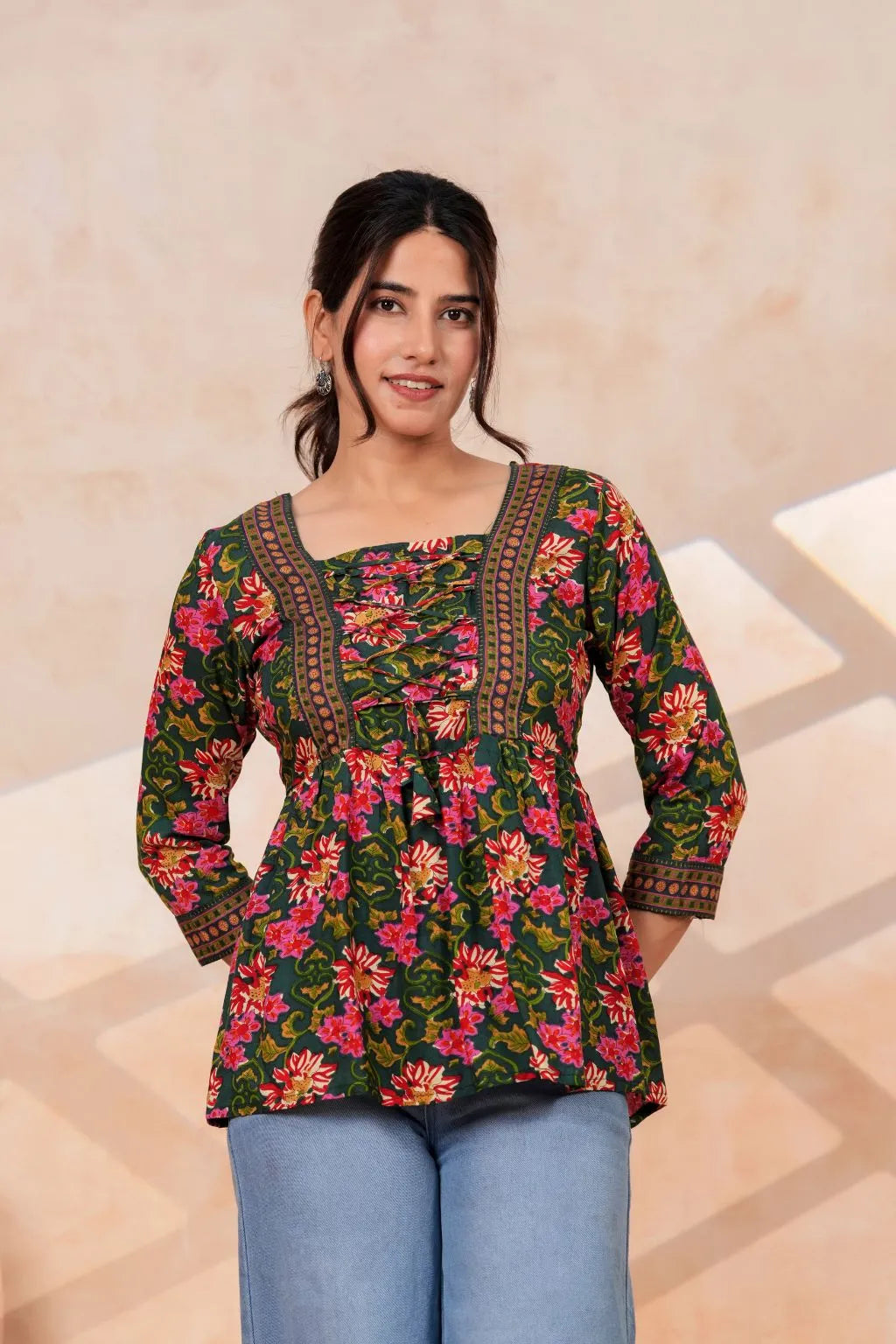 Women's Floral Printed Rayon Peplum Top | 3/4 Sleeves | Lace-Up Front Detail