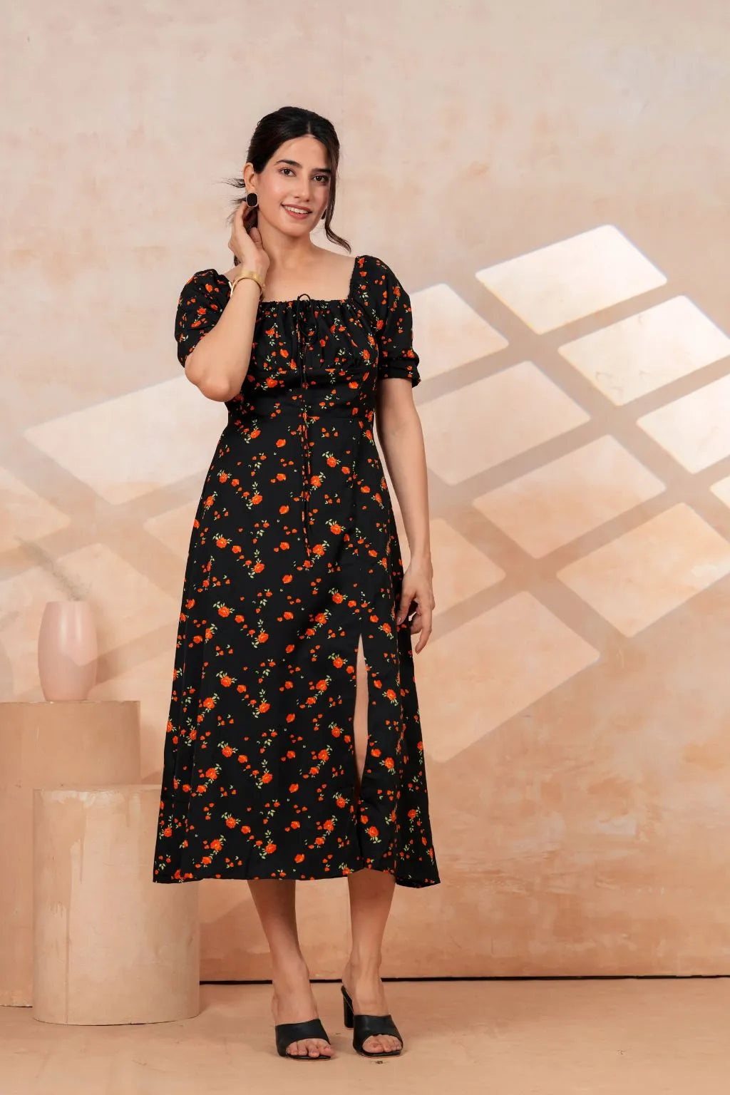 Black Floral Printed Rayon Midi Dress with Side Slit