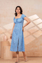 Blue Floral Printed Rayon Midi Dress with Side Slit