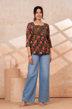 Women's Floral Printed Rayon Peplum Top | 3/4 Sleeves | Lace-Up Front Detail