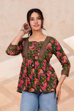 Women's Floral Printed Rayon Peplum Top | 3/4 Sleeves | Lace-Up Front Detail
