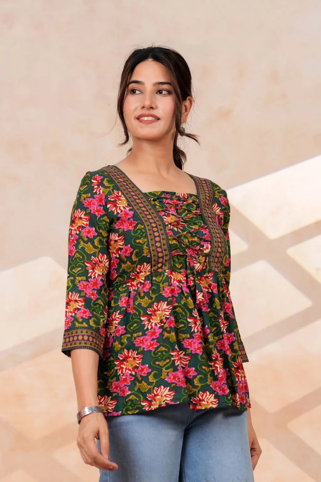 Women's Floral Printed Rayon Peplum Top | 3/4 Sleeves | Lace-Up Front Detail