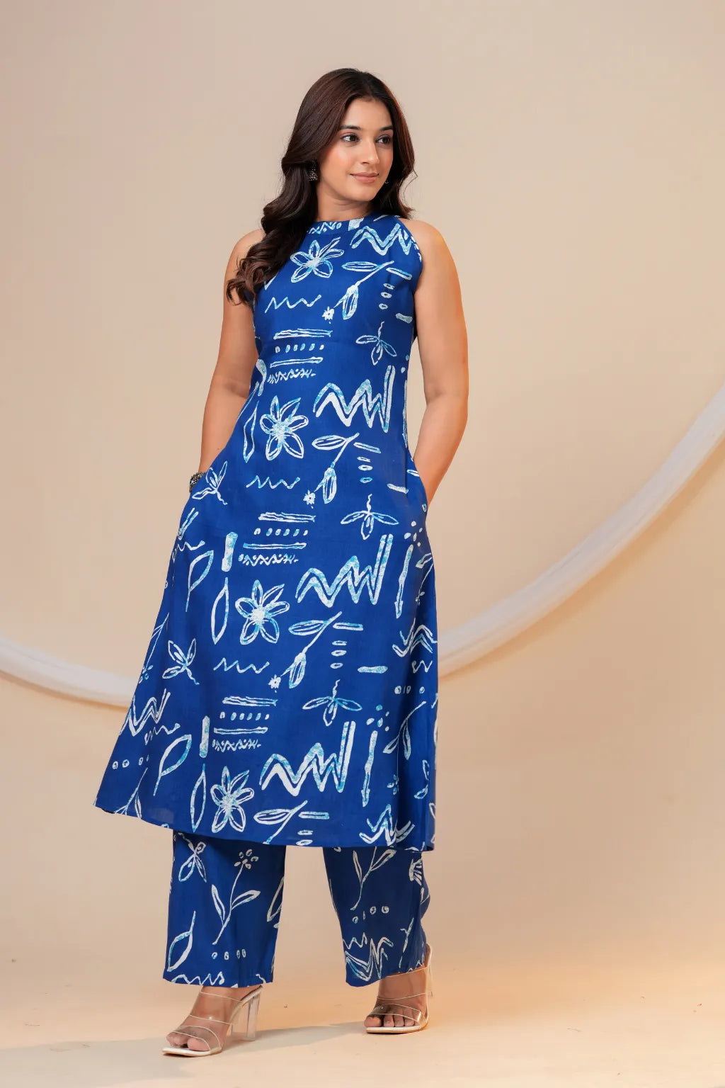 Women's Blue Printed Viscose Rayon Kurta Pant Co-Ord Set