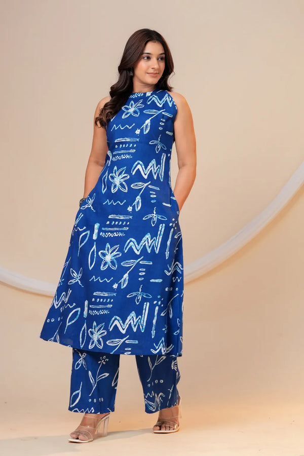 Women's Blue Printed Viscose Rayon Kurta Pant Co-Ord Set