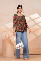 Women's Floral Printed Rayon Peplum Top | 3/4 Sleeves | Lace-Up Front Detail