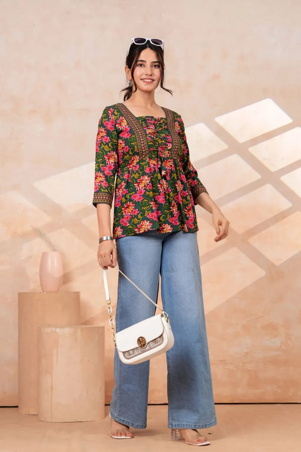Women's Floral Printed Rayon Peplum Top | 3/4 Sleeves | Lace-Up Front Detail