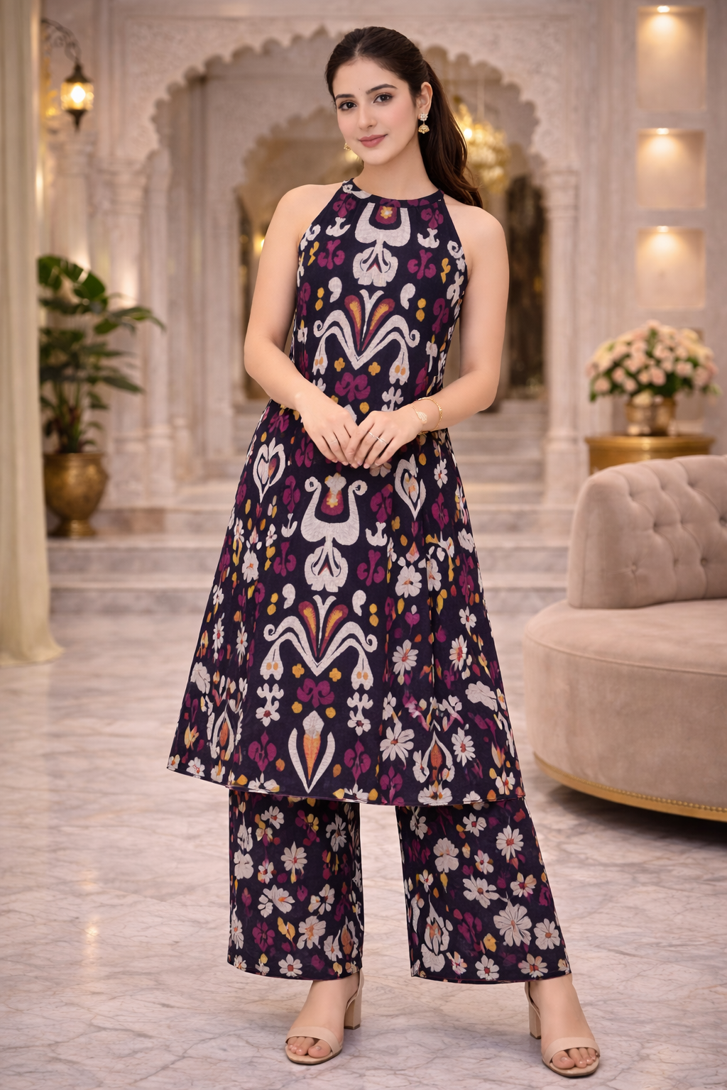 Printed Halter Kurta Pant Set