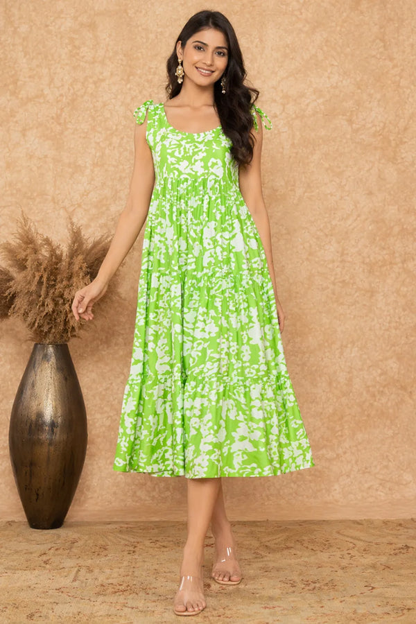 Women Green Printed Viscose Rayon Midi Dress | Sleeveless Tie-Up Strap A-Line Dress