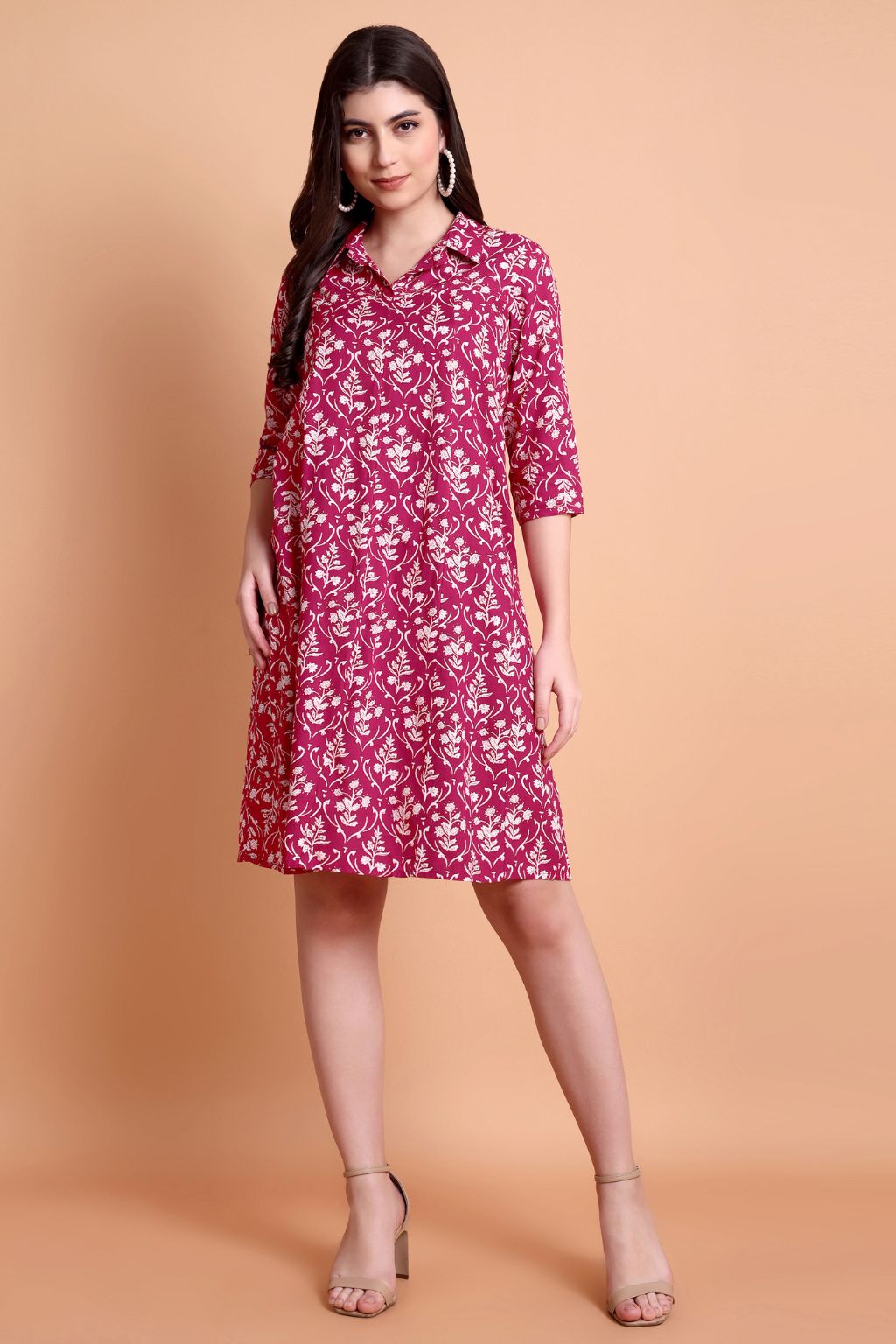 Pink Floral Printed Viscose Rayon A-Line Kurti for Women