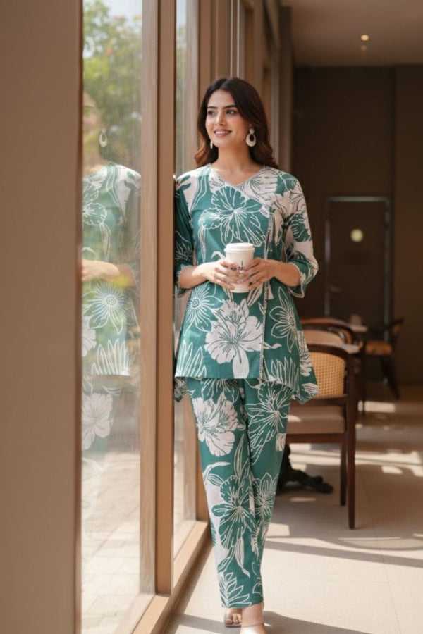 Green Floral Printed Cotton Co-ord Set for Women