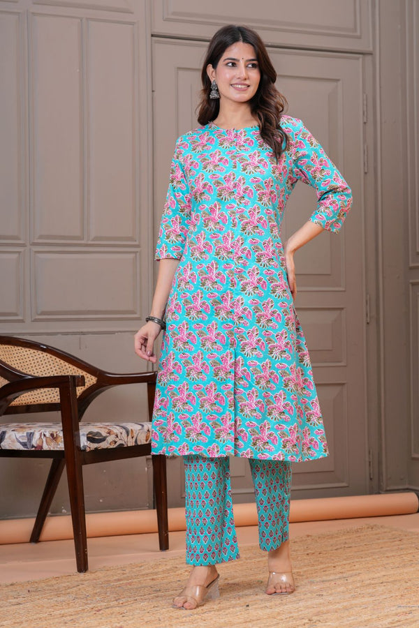 Turquoise Floral Printed Pure Cotton Kurta Pant Set for Women
