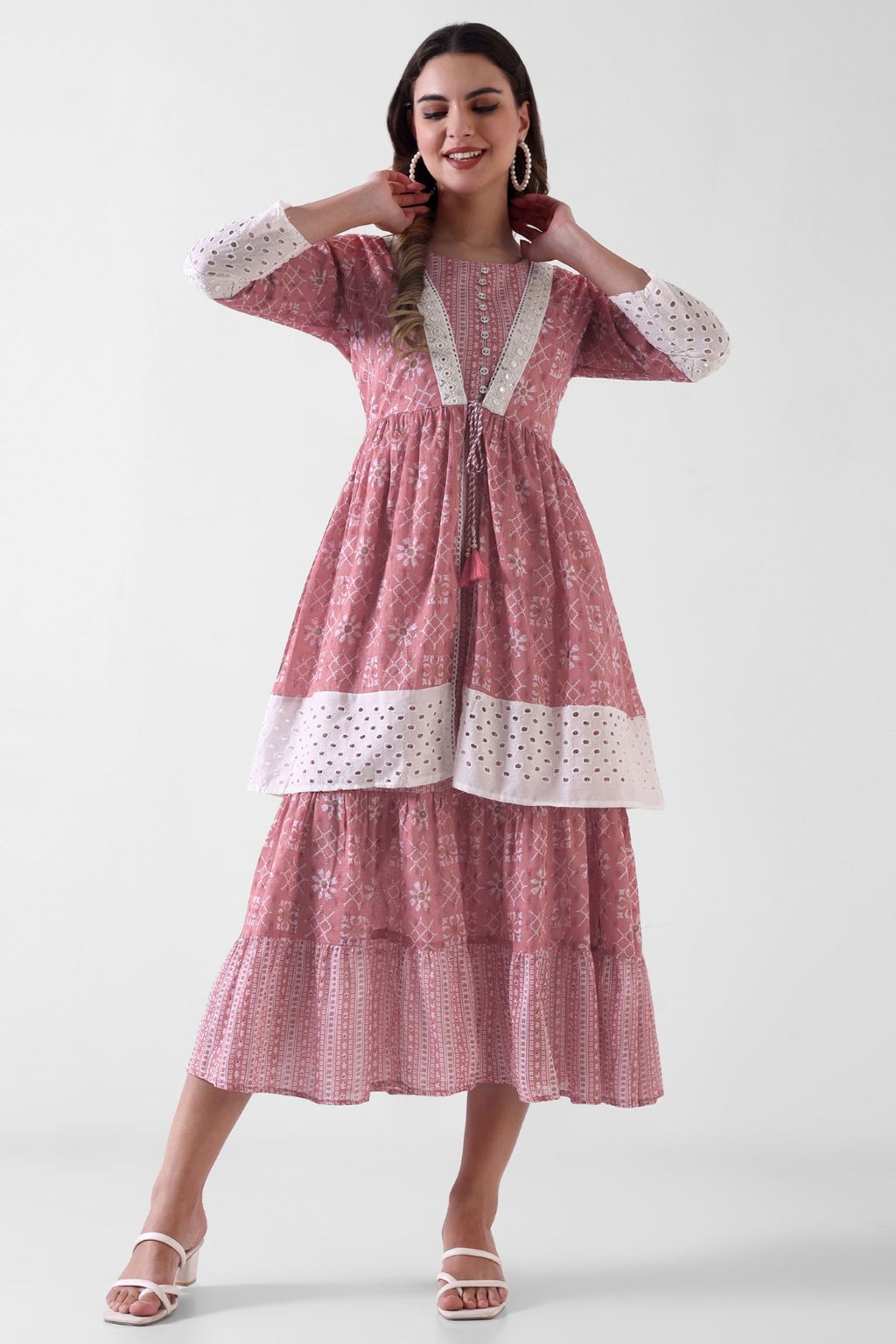 Pink Printed Viscose Rayon Tiered Midi Dress for Women