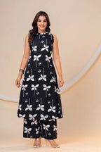 Women's Black Printed Viscose Rayon Kurta Pant Co-Ord Set