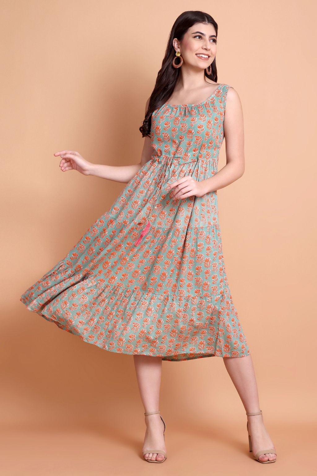 Sea Green Floral Printed Sleeveless Midi Dress for Women