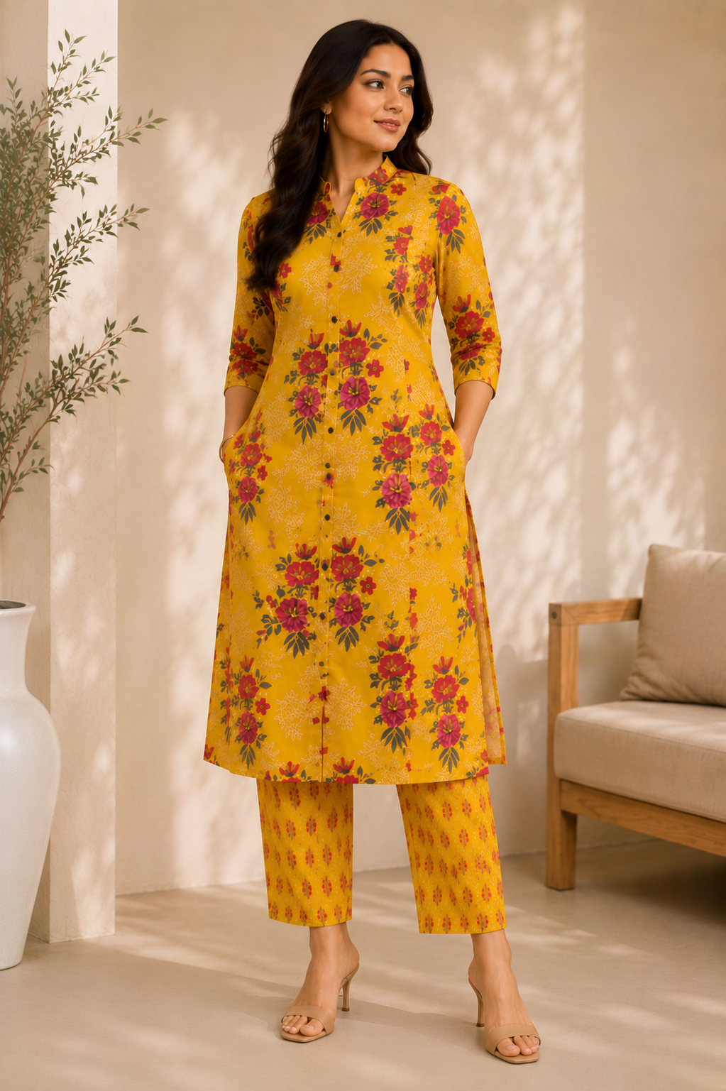 Mustard Floral Kurta Set