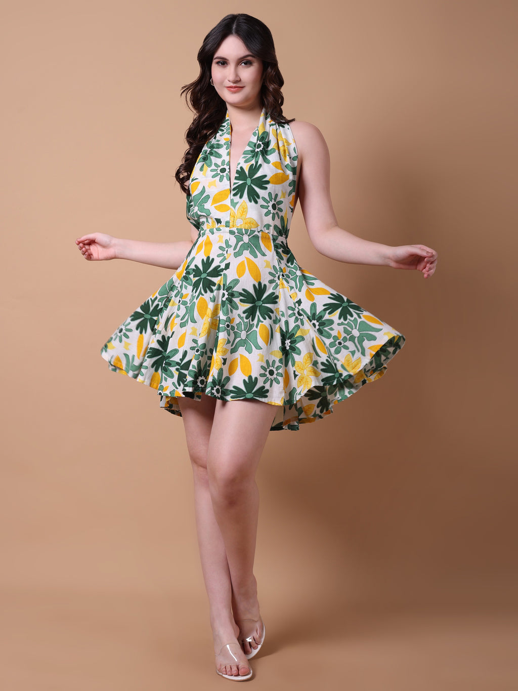 Green & Yellow Floral Mini Dress