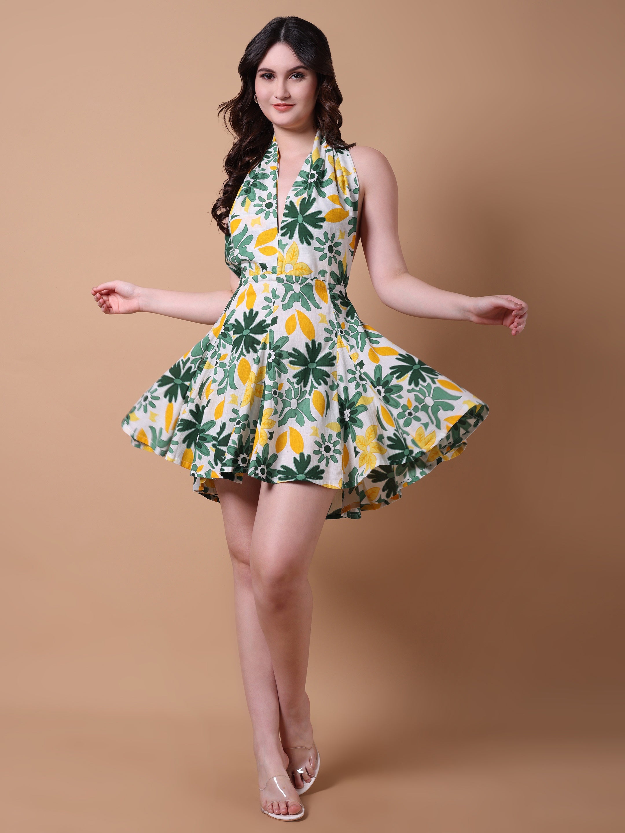 Green & Yellow Floral Mini Dress