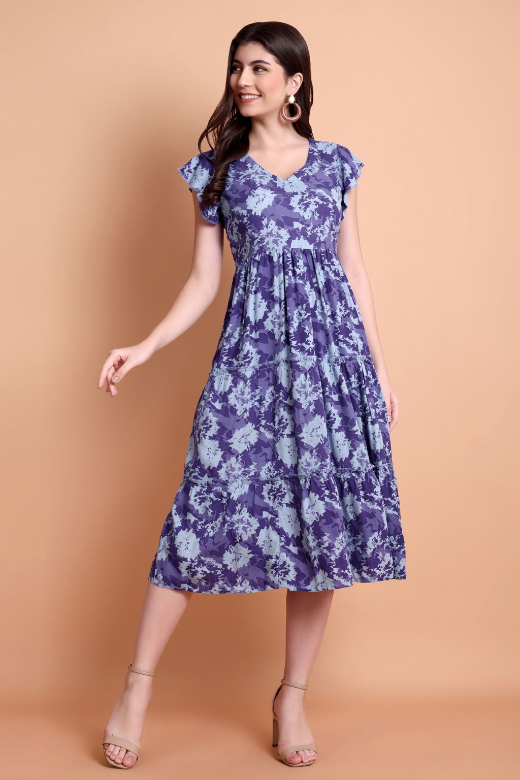 Purple Printed Viscose Rayon Tiered Midi Dress for Women