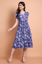 Purple Printed Viscose Rayon Tiered Midi Dress for Women