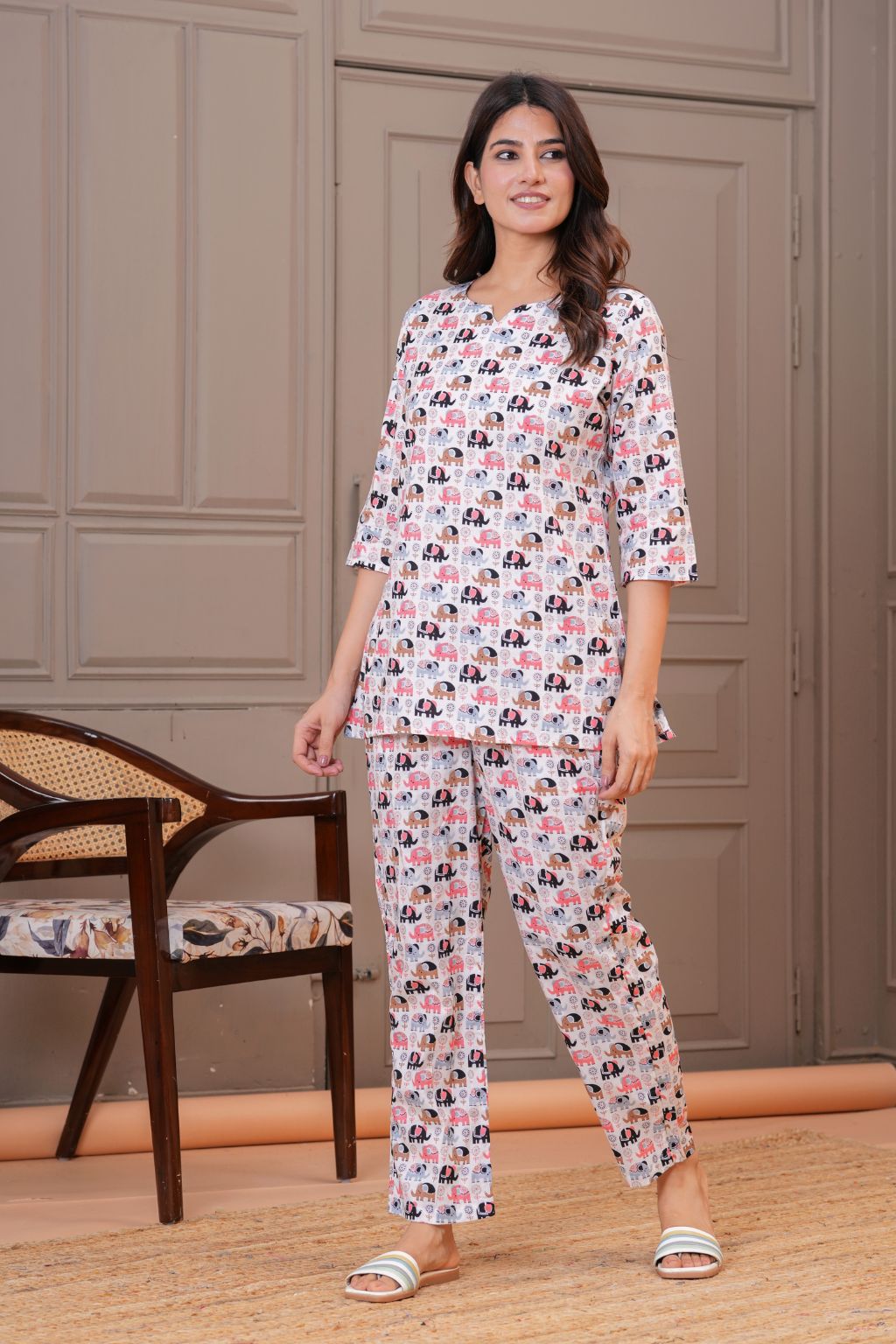 White Elephant Printed Cotton Night Suit Set for Women