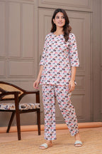 White Elephant Printed Cotton Night Suit Set for Women