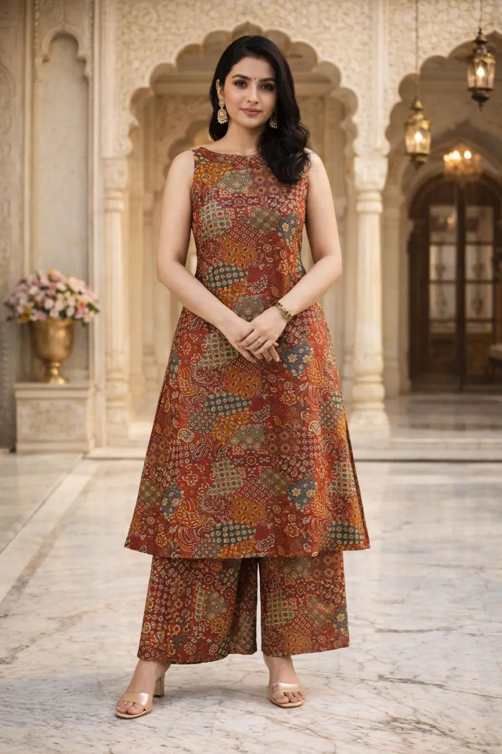 Rust Multi-Print Viscose Rayon A-Line Kurta Set for Women
