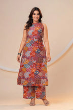 Rust Multi-Print Viscose Rayon A-Line Kurta Set for Women