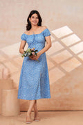 Blue Floral Printed Rayon Midi Dress with Side Slit