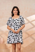 Women's Black & White Floral Print Fit & Flare Mini Dress