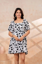 Women's Black & White Floral Print Fit & Flare Mini Dress