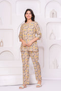 Beige Cartoon Printed Cotton Night Suit Set for Women