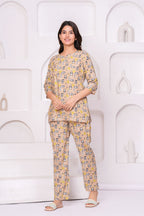Beige Cartoon Printed Cotton Night Suit Set for Women