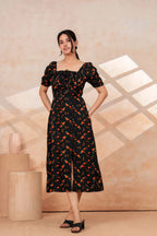 Black Floral Printed Rayon Midi Dress with Side Slit