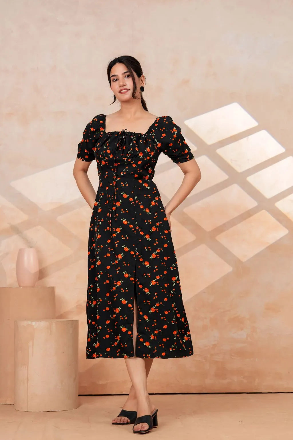 Black Floral Printed Rayon Midi Dress with Side Slit