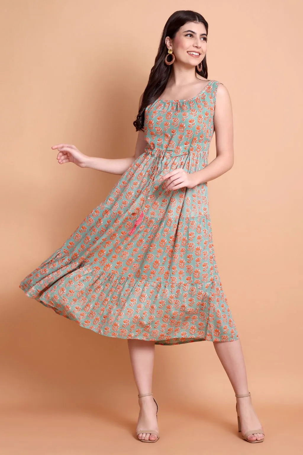 Women Green Floral Printed Viscose Rayon Midi Dress | Sleeveless A-Line Casual Dress
