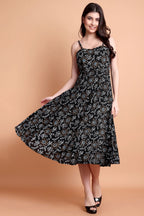 Black Floral Printed Viscose Rayon Fit & Flare Dress for Women