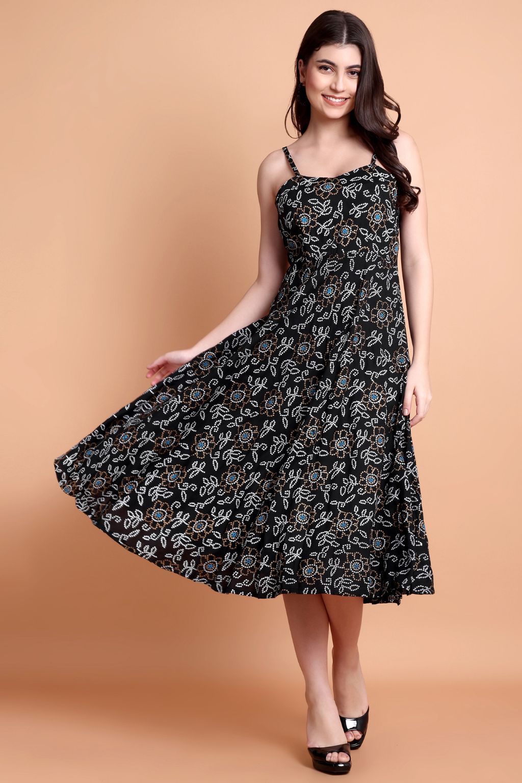 Black Floral Printed Viscose Rayon Fit & Flare Dress for Women