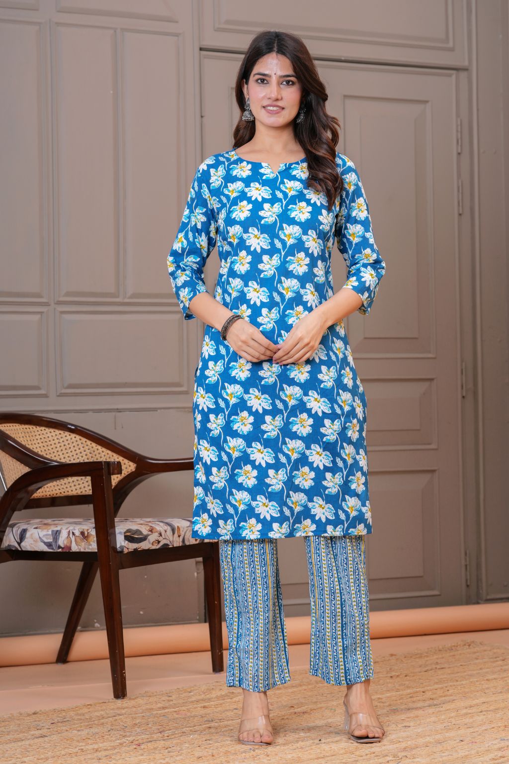 Blue Floral Printed Cotton Kurta Pant Set for Women