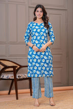Blue Floral Printed Cotton Kurta Pant Set for Women