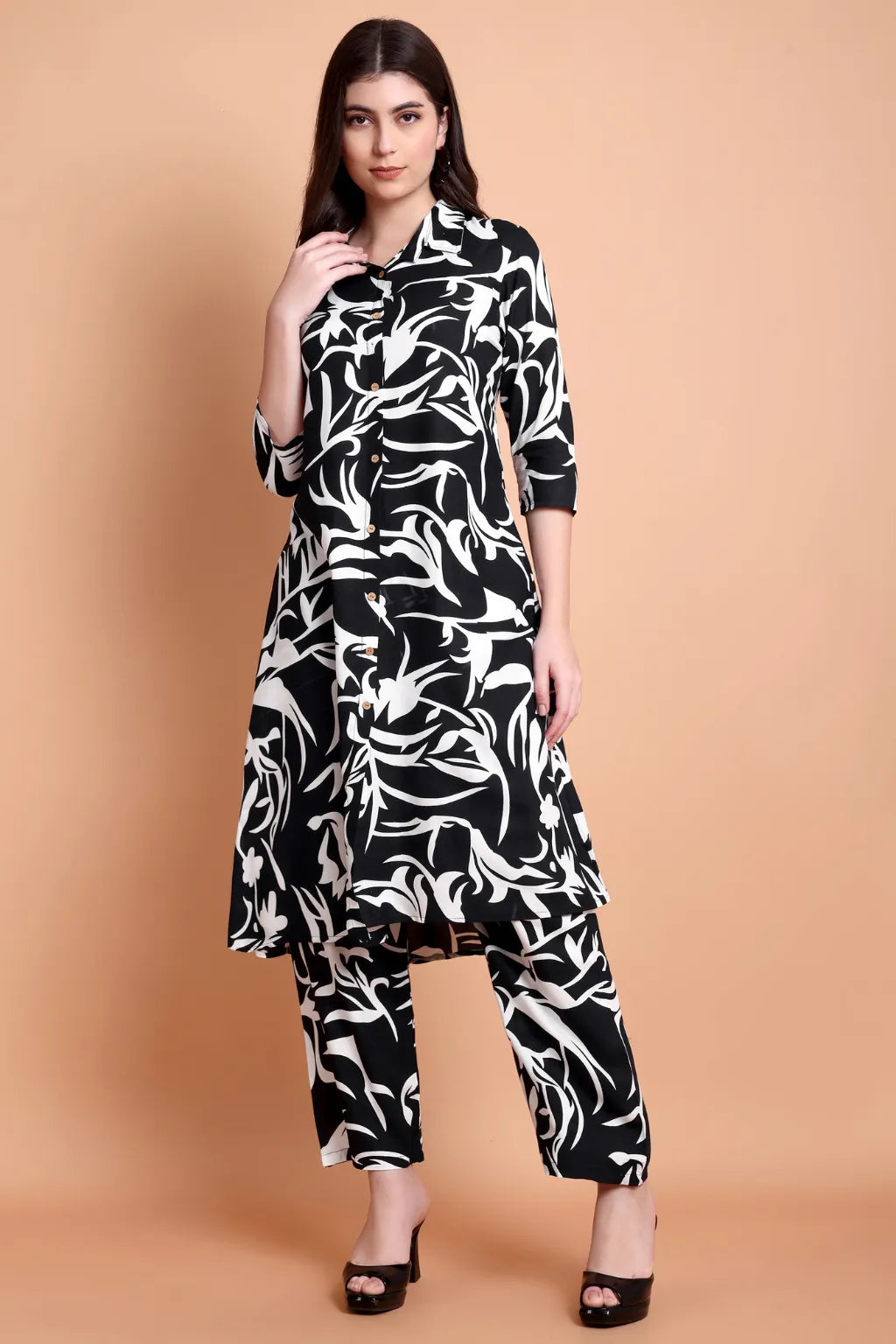 Women Black Abstract Printed Viscose Rayon Kurta Set | Shirt Collar Kurti with Pants