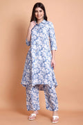Women Blue Floral Printed Viscose Rayon Kurta Set | Shirt Collar Kurti with Pants