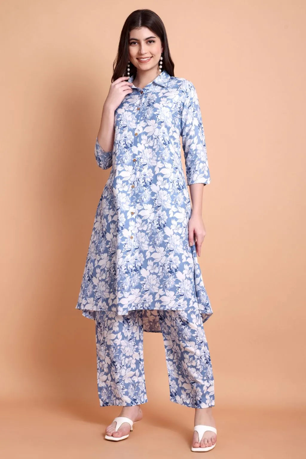 Women Blue Floral Printed Viscose Rayon Kurta Set | Shirt Collar Kurti with Pants