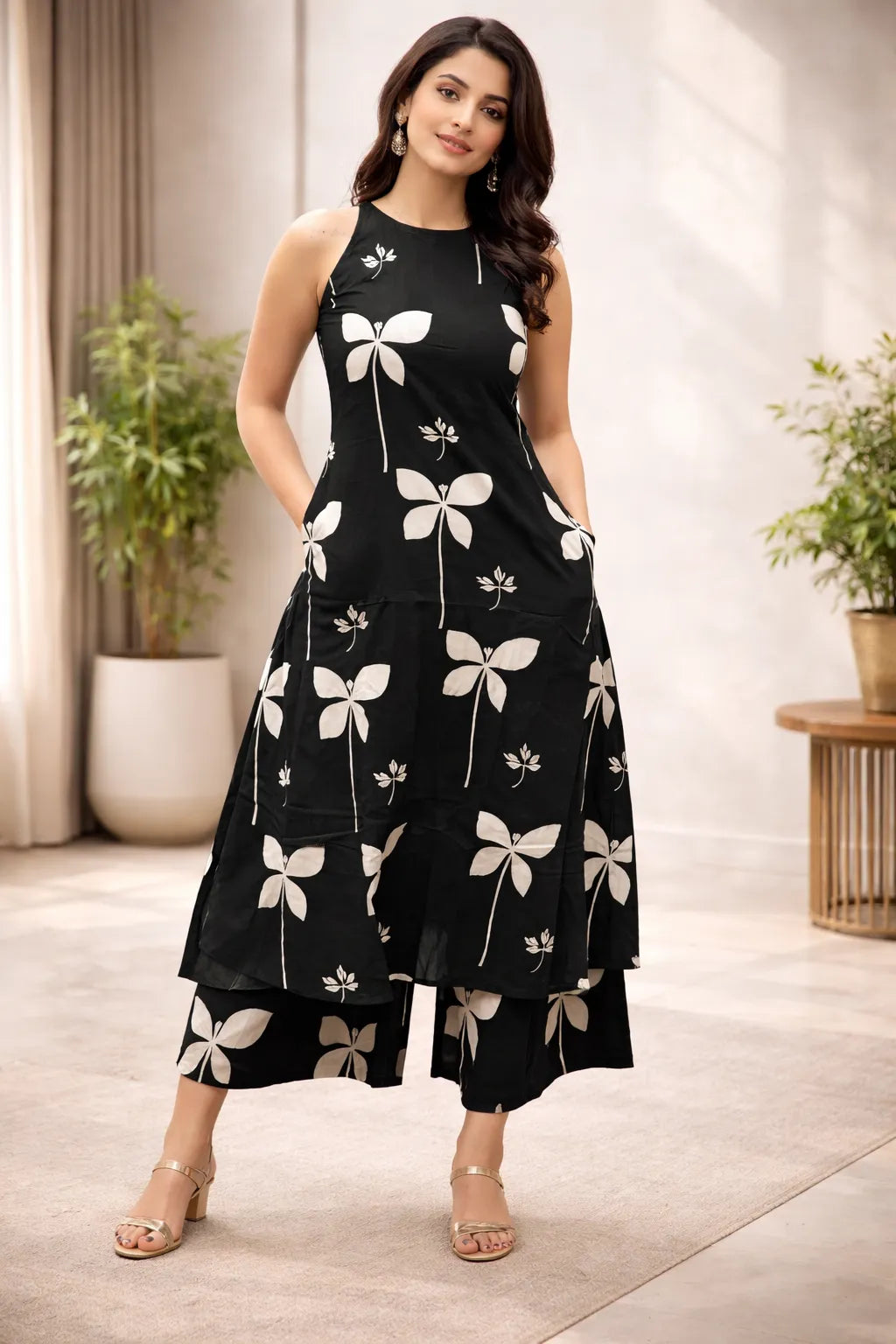 Black Printed Viscose Rayon Kurta Set for Women